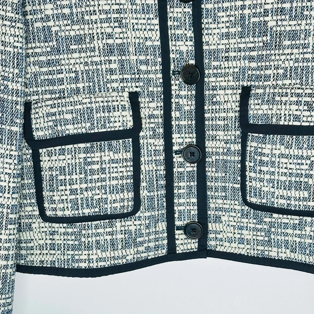 BODEN‎ Tweed Boucle Skirt Suit Set Women's US 12 Navy Cream Quiet Luxury Preppy